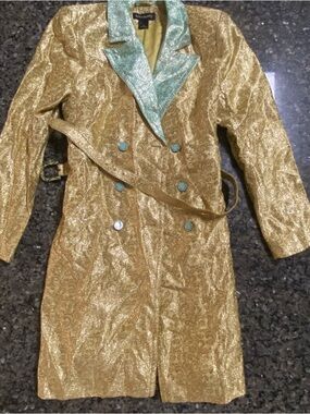 Duro Olowu Gold Green Paisley Belted Collared Button Long Trench Coat M